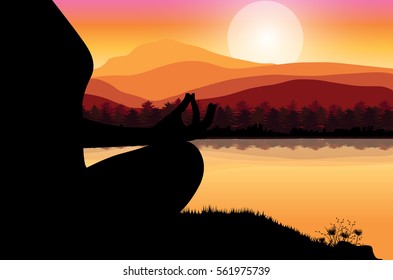 Man meditating in sitting yoga position on the top of a mountains above clouds at sunset. Zen, meditation, peace, Vector illustrations