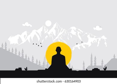 Man meditating in sitting yoga position on the top of a mountains  at sunset. Zen, meditation, peace, Vector illustrations