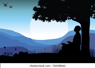 Man meditating in sitting yoga position on the top of a mountains above clouds at sunset. Zen, meditation, peace, Vector illustrations