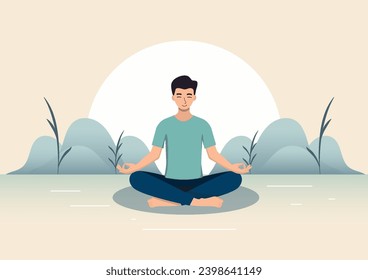 Man meditating With a smiling face showing happiness and calm to collect your thoughts and think about your goals It is sitting cross-legged Background that shows tranquility without disturbing people