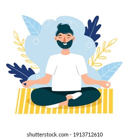 The man is meditating. Stay at home. Yoga. Sports activities. Vector illustration in a modern flat style.