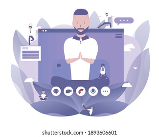 A man is meditating and teaching how to meditate online in blog. Vector illustration for telework, remote working and freelancing, business, start up, social media and blog

