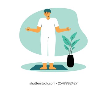 El hombre está meditando con ropa blanca y de pie en la estera de yoga con los ojos cerrados y las manos delante del pecho en posición de meditación, hay planta de casa en maceta negra, Ilustración vectorial.