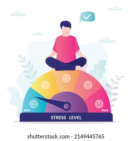 Man meditating while sitting in lotus position. Male character controls stress levels with meditation. Stressmeter shows minimum tension. Indicator shows emotional state. Flat vector illustration