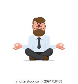 A man is meditating while sitting on the floor with a laptop. Character - a man with a beard and glasses. Calmness and relaxation, relaxation. Stress relief. Illustration in flat style. Vector