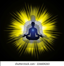 man meditating yellow lights abstract background, yoga. 