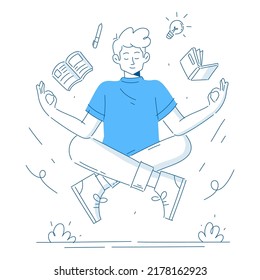 Man meditating in yoga pose with flying book, idea, pen