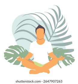Man meditating in a yoga pose surrounded by nature and leaves. Concept illustration for yoga, meditation, relax, recreation, healthy lifestyle. Vector illustration