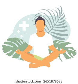 Man meditating in a yoga pose surrounded by nature and leaves. Mental Health Awareness Month. Vector illustration