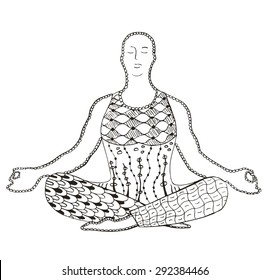 Man meditating zentangle stylized, vector, illustration, freehand pencil, pattern, doodle