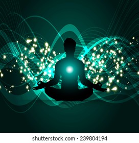 man meditation blue green light abstract background. yoga.