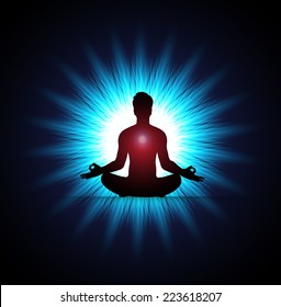 man and meditation blue light background. yoga. 