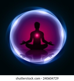 man meditation blue purple light abstract background. yoga.