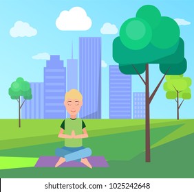 Man and meditation at central park, yoga and concentration, rug and trees, buildings and clouds at sky, good habits isolated on vector illustration