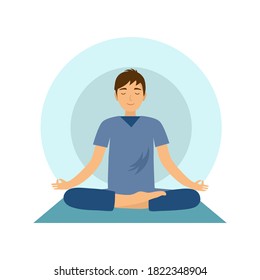 Man meditation concept vector illustration on white background. Guy meditating for relaxation and mindfulness.