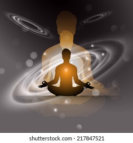 man meditation Dark black sparkling background with stars in the sky and blurry lights, illustration. Abstract, Universe, Galaxies, yoga. 