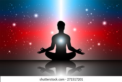 man meditation Dark blue red sparkling background with stars in the sky and blurry lights, illustration. Abstract, Universe, Galaxies, yoga. Male silhouette.
