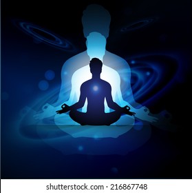 man meditation Dark blue sparkling background with stars in the sky and blurry lights, illustration.  Abstract, Universe, Galaxies, yoga.