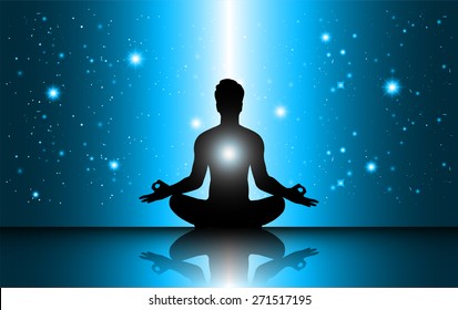 man meditation Dark blue sparkling background with stars in the sky and blurry lights, illustration. Abstract, Universe, Galaxies, yoga. Male silhouette.