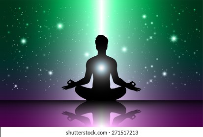 man meditation Dark green purple sparkling background with stars in the sky and blurry lights, illustration. Abstract, Universe, Galaxies, yoga. Male silhouette.