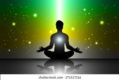 Man Meditation Dark Green Yellow Sparkling Background With Stars In The Sky And Blurry Lights, Illustration. Abstract, Universe, Galaxies, Yoga. Male Silhouette.