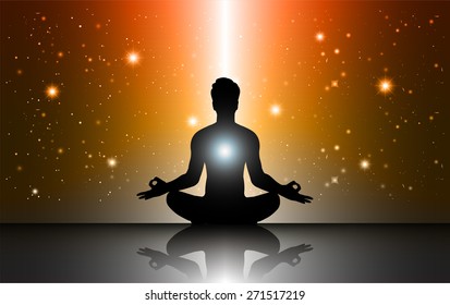 man meditation Dark orange black sparkling background with stars in the sky and blurry lights, illustration. Abstract, Universe, Galaxies, yoga. Male silhouette.