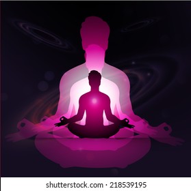 man meditation Dark purple  sparkling background with stars in the sky and blurry lights, illustration. Abstract, Universe, Galaxies, yoga. 