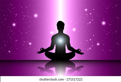man meditation Dark purple sparkling background with stars in the sky and blurry lights, illustration. Abstract, Universe, Galaxies, yoga. Male silhouette.