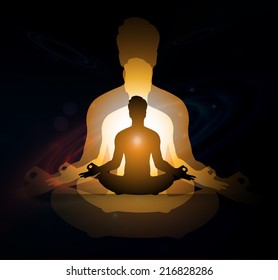 man meditation Dark sparkling background with stars in the sky and blurry lights, illustration.  Abstract, Universe, Galaxies, yoga.