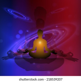 man meditation Dark sparkling background with stars in the sky and blurry lights, illustration. Abstract, Universe, Galaxies, yoga. 