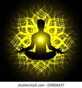 man meditation dark yellow light abstract background. yoga.