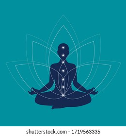 Man meditation or doing yoga in the Lotus position on Lotus flower background. Lotus position simple pictogram. Yoga pose logo illustration. meditating silhouette with chakra and lotus on colored back