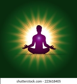 man and meditation green light background. yoga. 