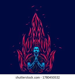 Man meditation line pop art potrait logo colorful design with dark background. Abstract vector illustration. Isolated black background for t-shirt, poster, clothing, merch, apparel, badge design