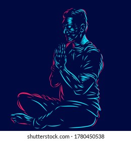 Man meditation line pop art potrait logo colorful design with dark background. Abstract vector illustration. Isolated black background for t-shirt, poster, clothing, merch, apparel, badge design
