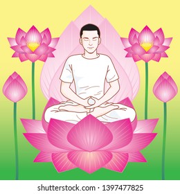 man meditation with in lotus bloom vector illustration isolated background