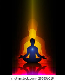 Man meditation on abstract aura dark orange red background. yoga. beam