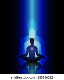 Man meditation on abstract aura dark blue background. yoga. beam