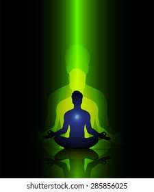 Man meditation on abstract aura dark green background. yoga. beam