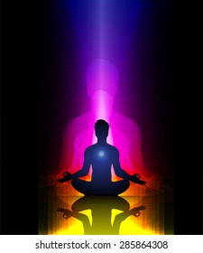 Man meditation on abstract aura purple pink yellow background. yoga. beam