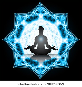 Man meditation on abstract aura dark blue background. yoga. beam