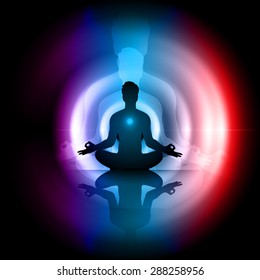 Man meditation on abstract aura dark orange red blue purple background. yoga. beam