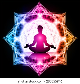 Man meditation on abstract aura dark blue pink orange background. yoga. beam