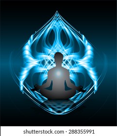 Man meditation on abstract aura dark blue background. yoga. beam