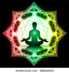 Man meditation on abstract aura dark yellow green red background. yoga. beam
