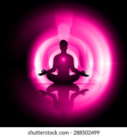 Man meditation on abstract aura dark pink background. yoga. beam