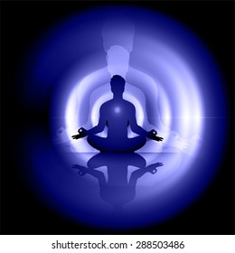 Man meditation on abstract aura dark blue background. yoga. beam