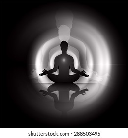 Man meditation on abstract aura dark black background. yoga. beam