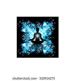 Man meditation on abstract aura dark blue background. yoga. beam on abstract aura dark blue background. yoga. beam