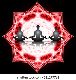 Man meditation on abstract aura dark red background. yoga. beam on abstract aura dark blue background. yoga. beam